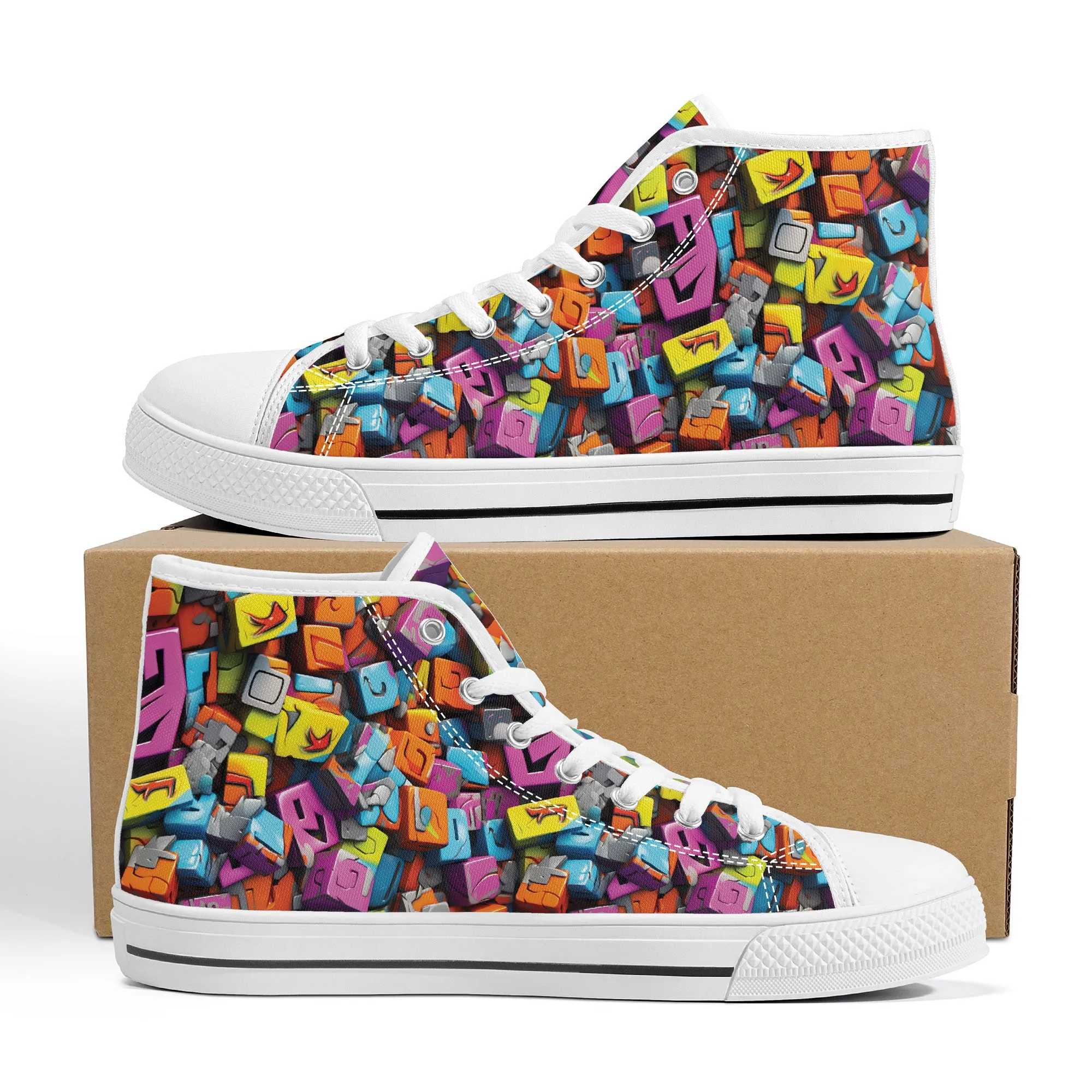 3D Graffiti Blocks in Bold Colors Converse Style High Tops