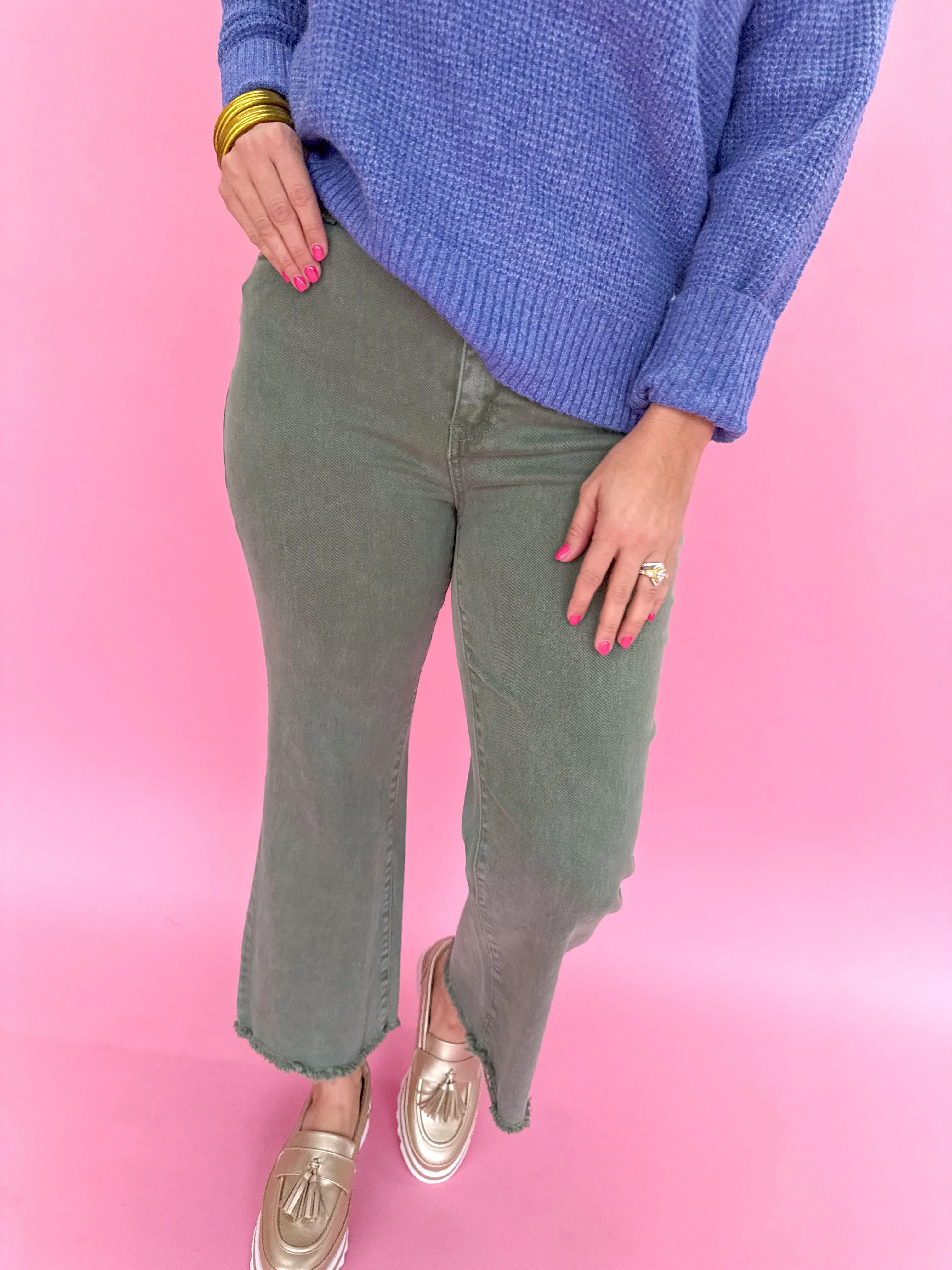 Acid Wash Crop Straight Pant - Olive