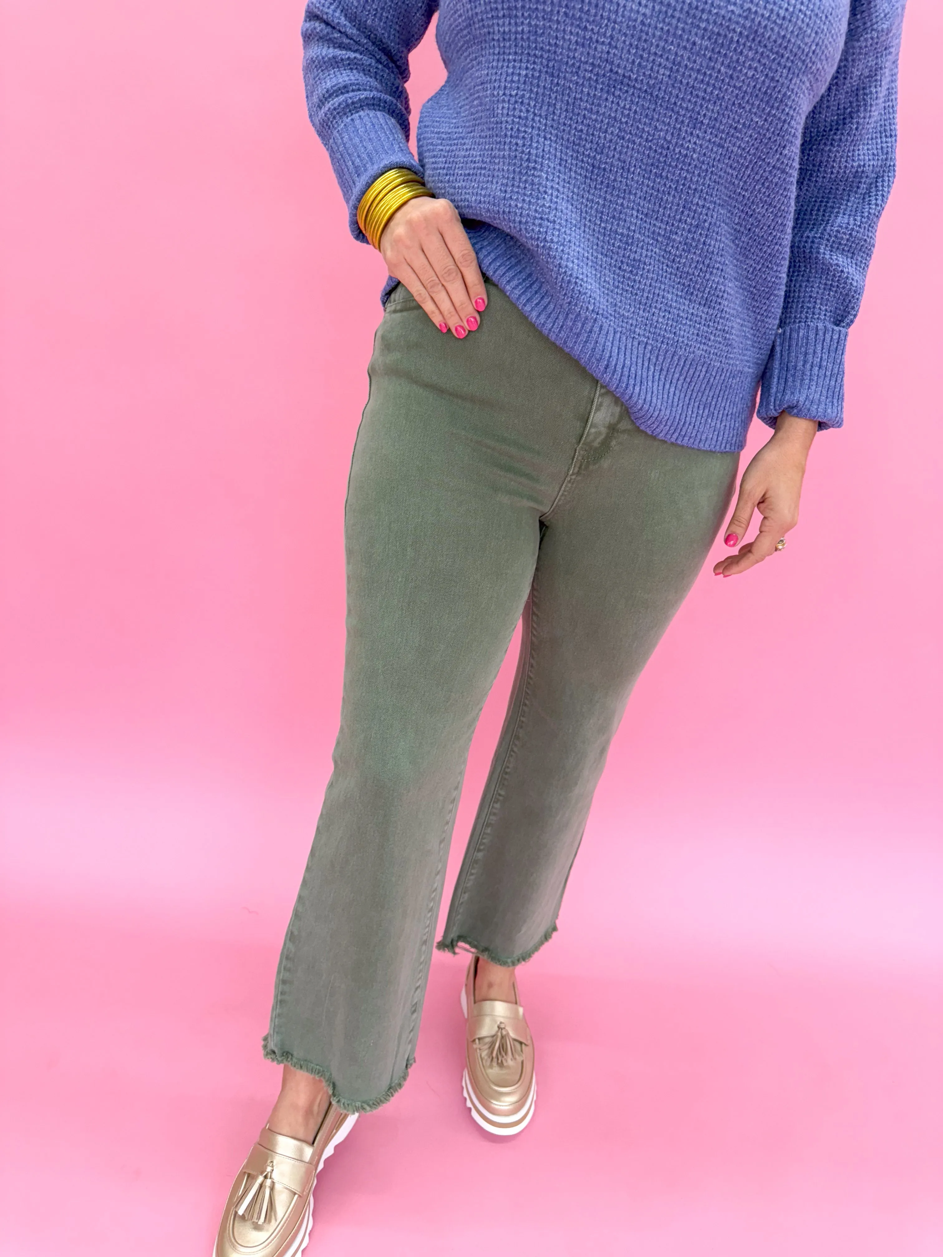 Acid Wash Crop Straight Pant - Olive