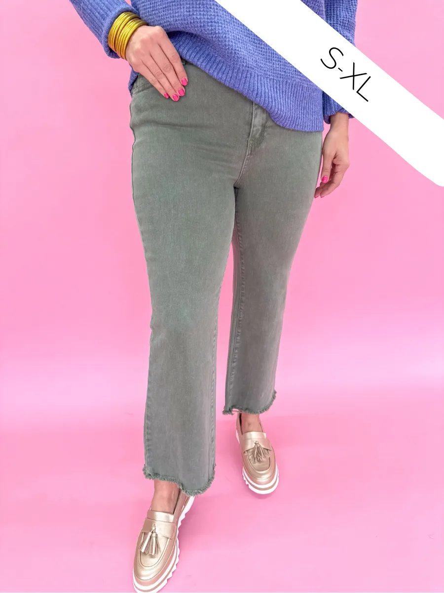 Acid Wash Crop Straight Pant - Olive