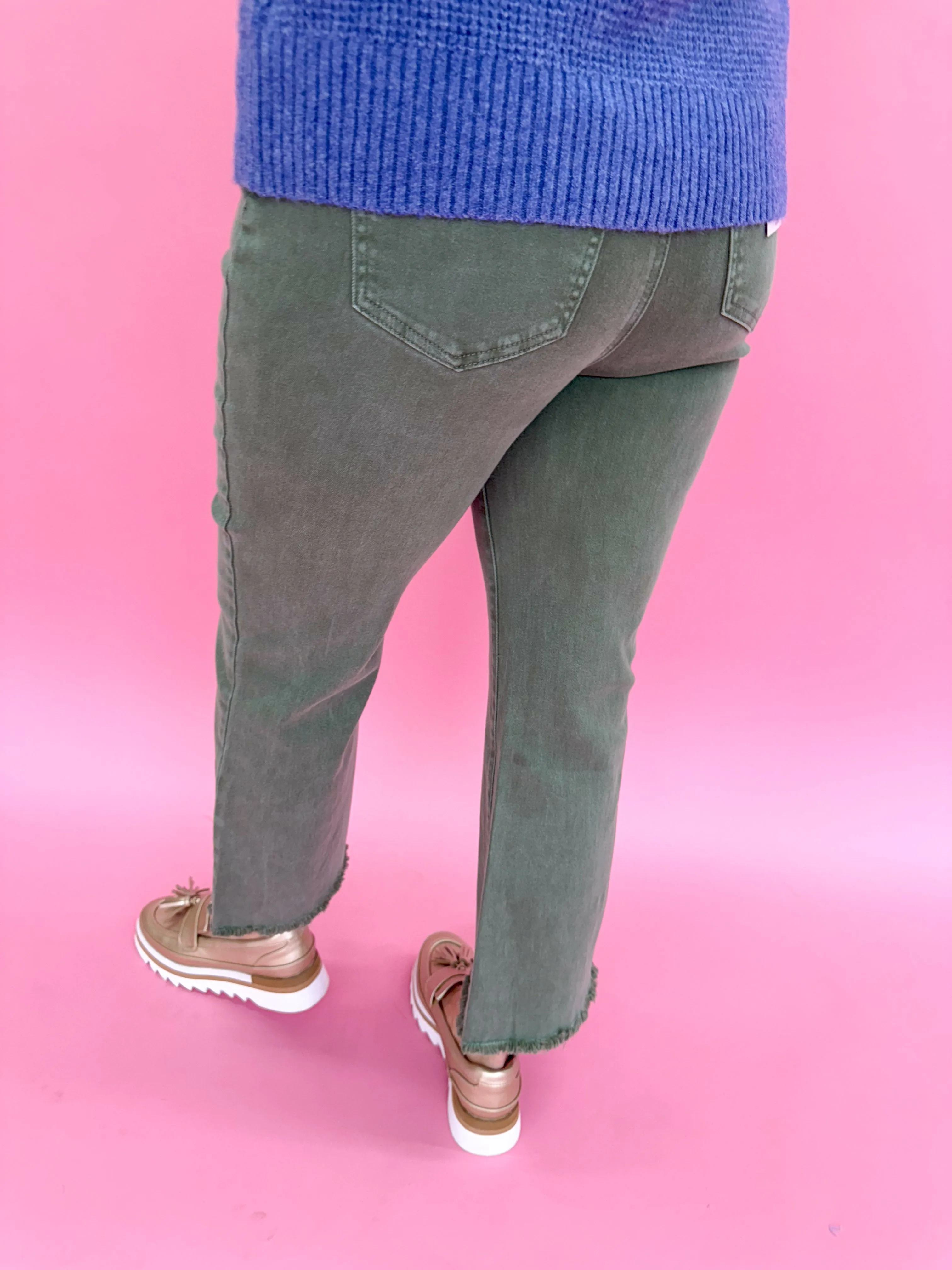 Acid Wash Crop Straight Pant - Olive