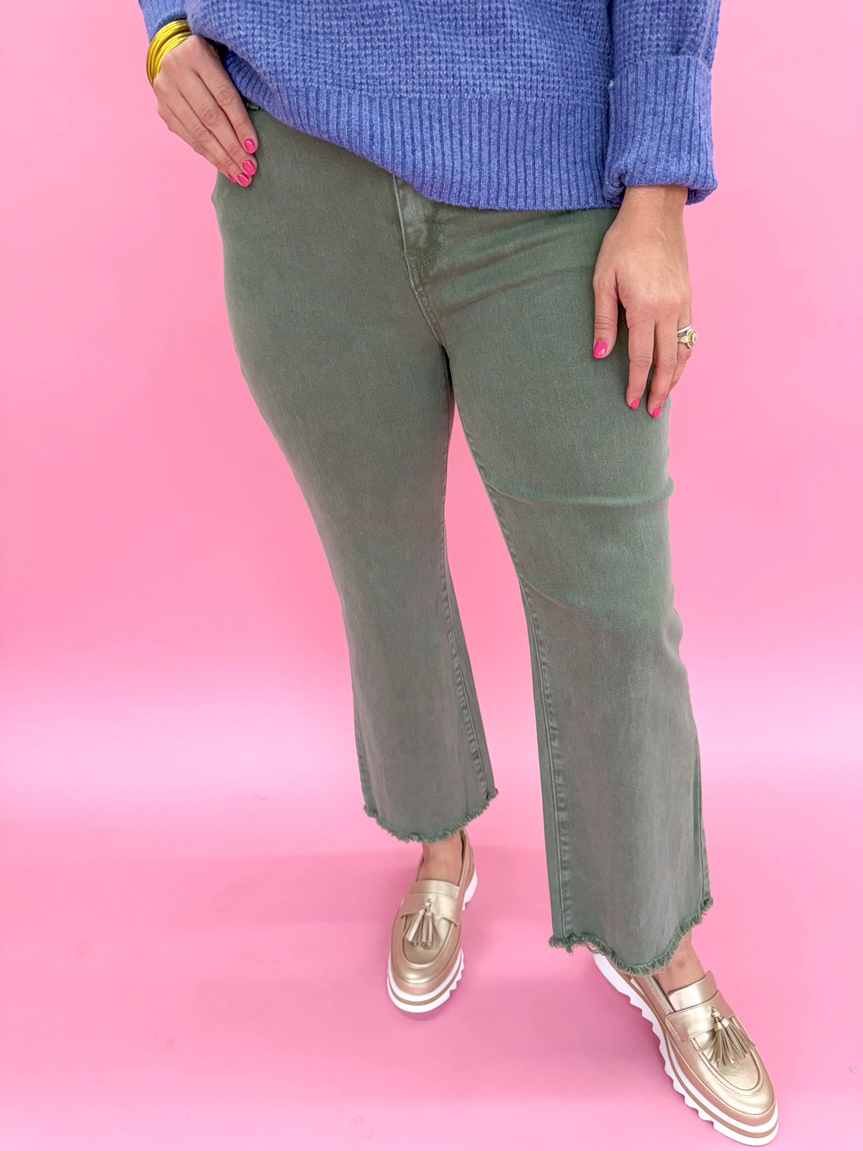 Acid Wash Crop Straight Pant - Olive