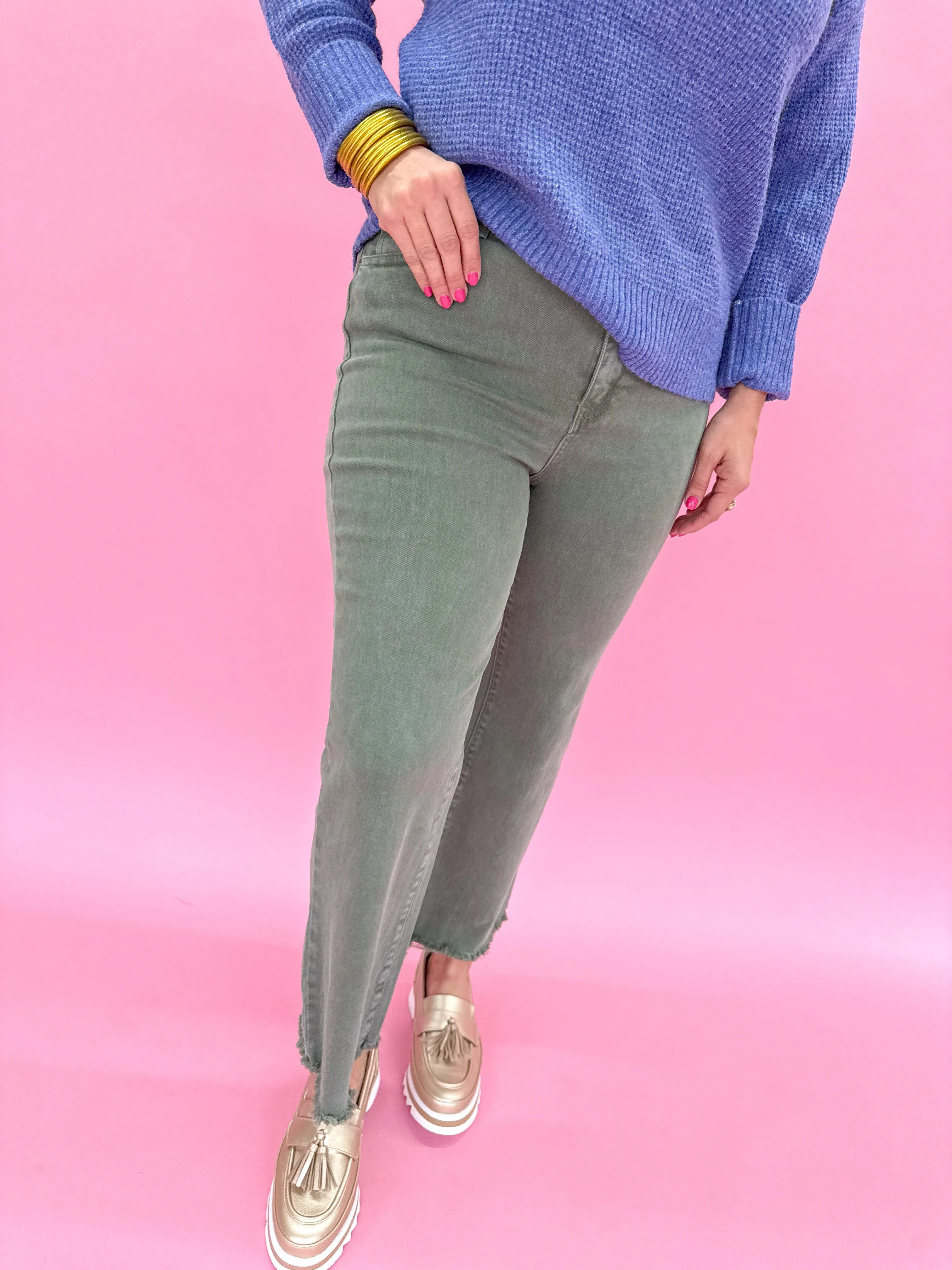 Acid Wash Crop Straight Pant - Olive
