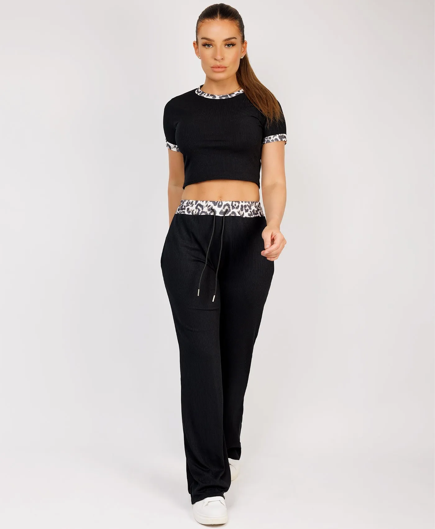 Black Leopard Trim Ribbed Crop Top & Trouser Loungewear Set