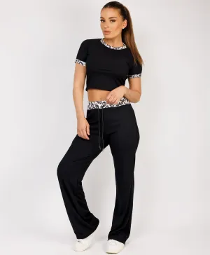 Black Leopard Trim Ribbed Crop Top & Trouser Loungewear Set