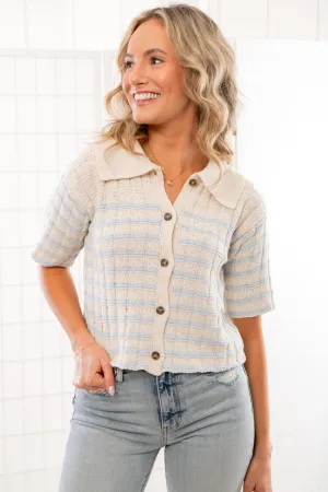 Camari Natural Blue Striped Knit Collared Cardigan