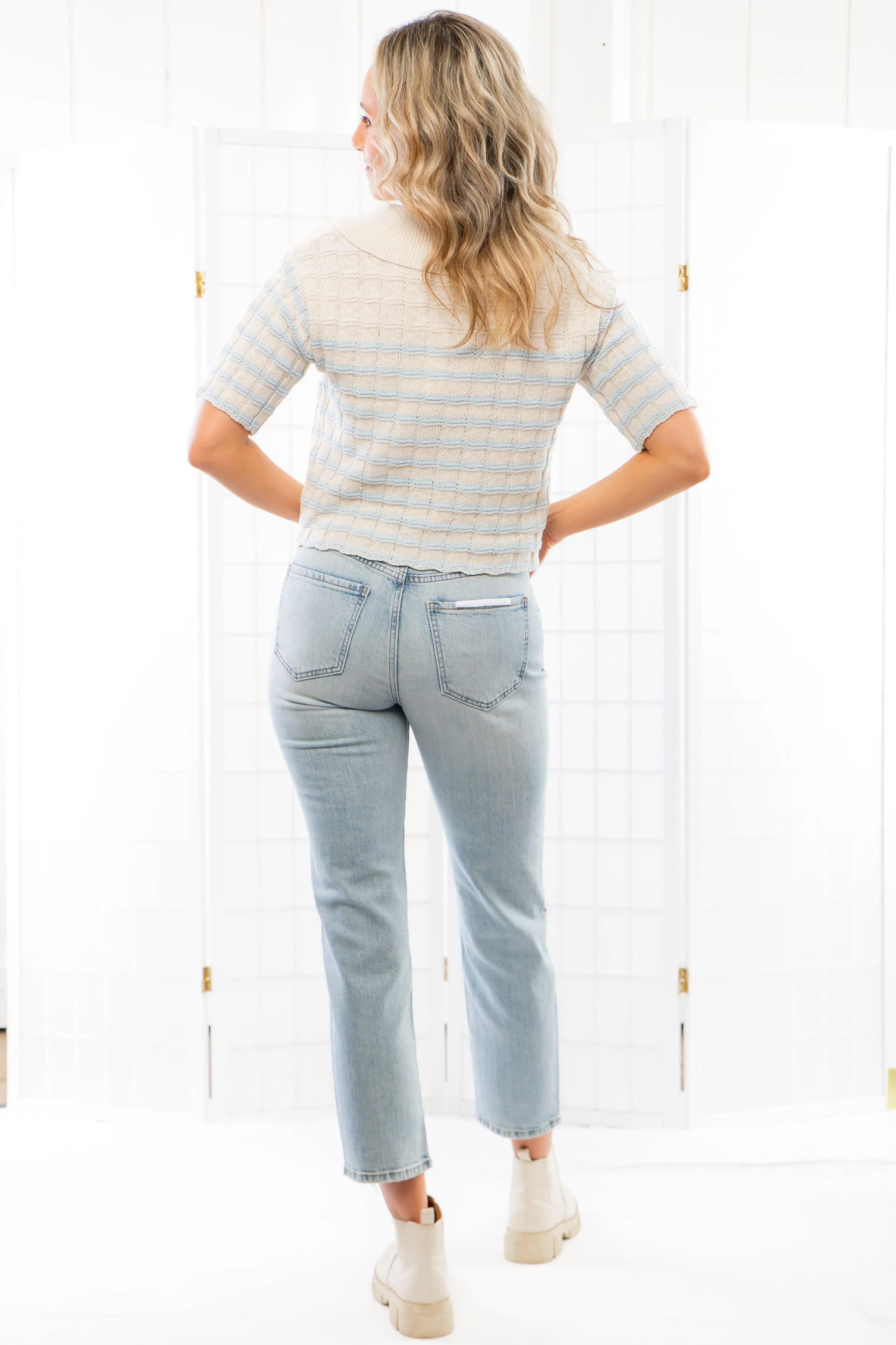 Camari Natural Blue Striped Knit Collared Cardigan