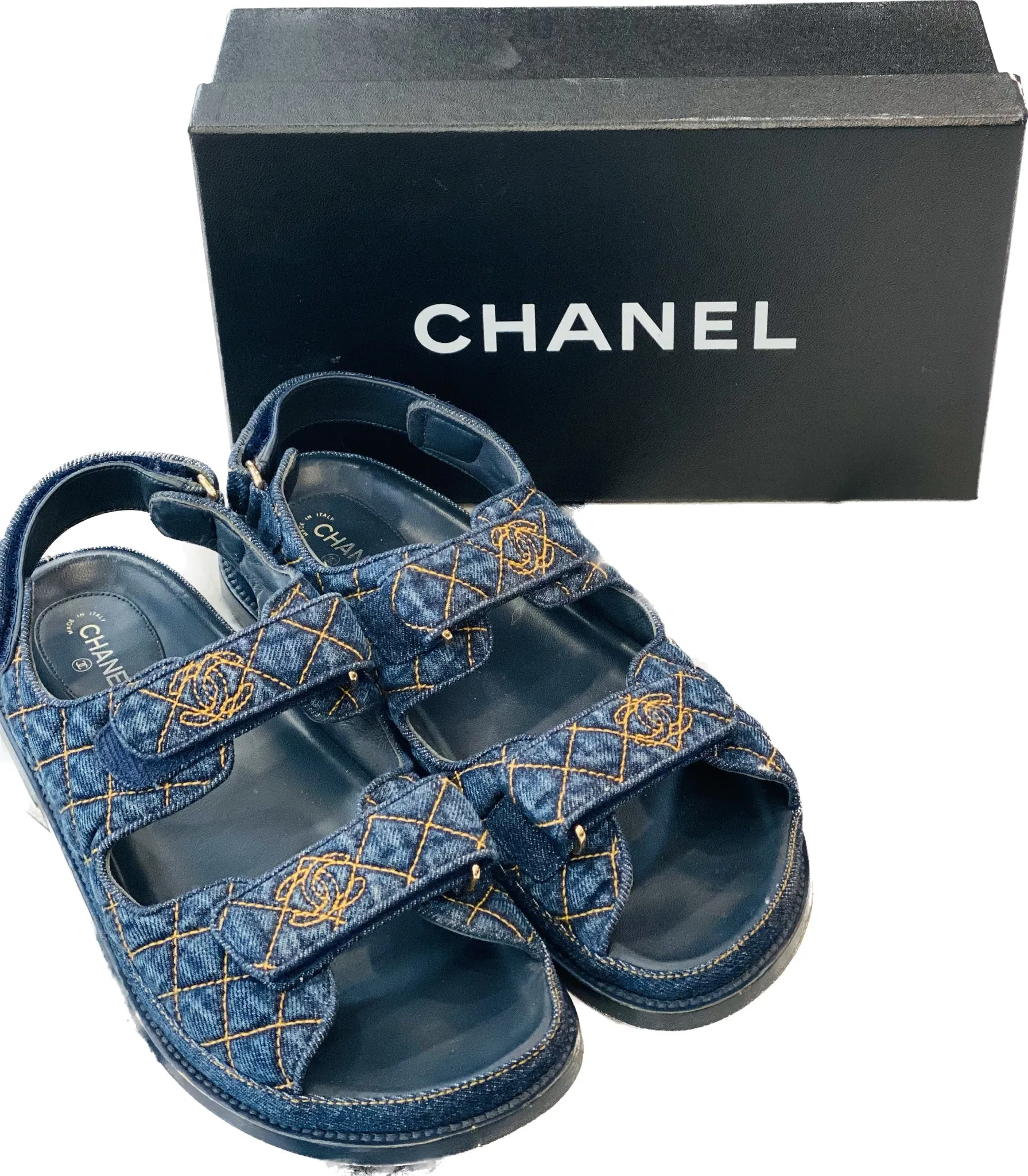 CHANEL VELCRO DENIM QUILTED DAD SANDALS