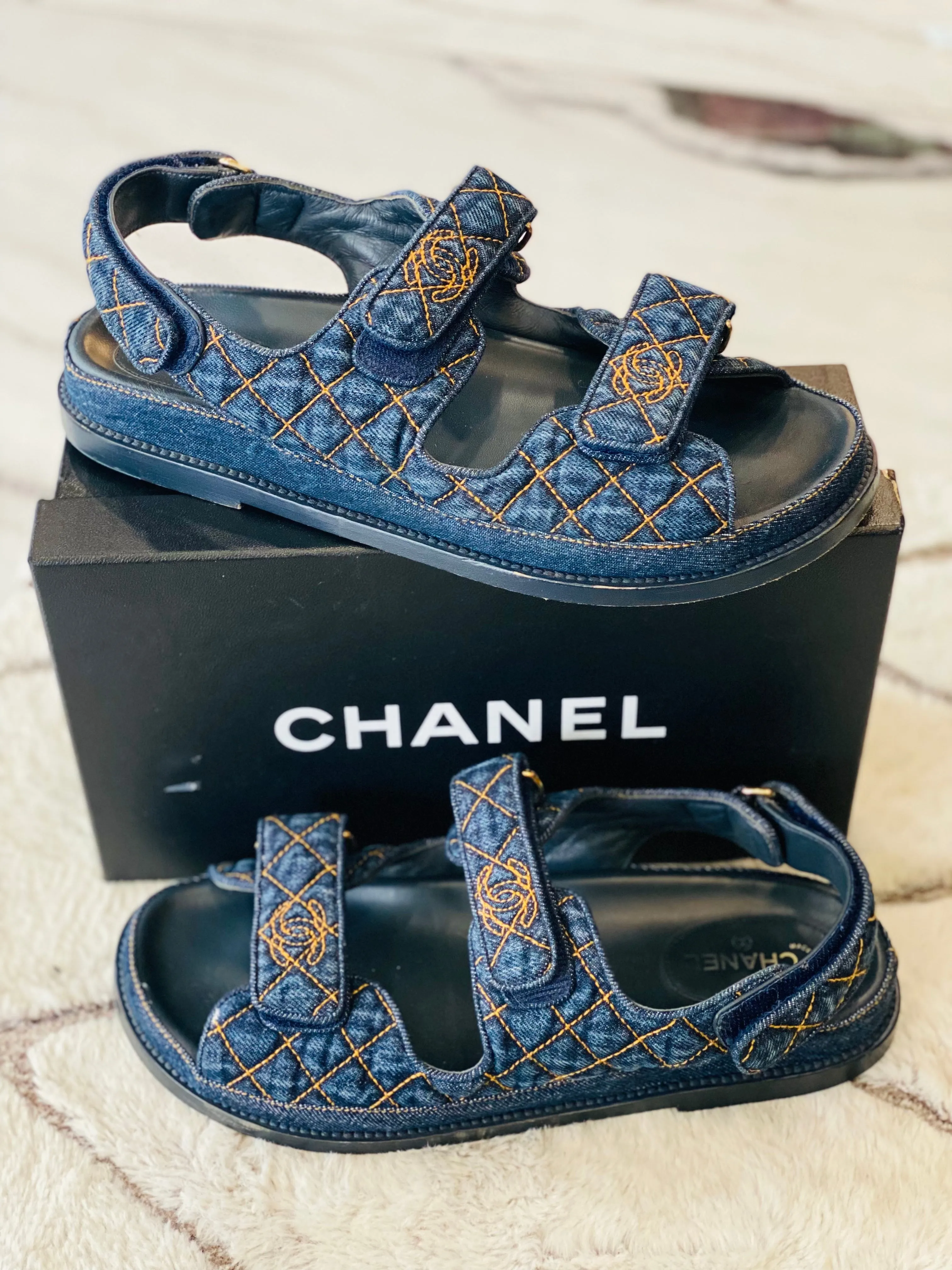 CHANEL VELCRO DENIM QUILTED DAD SANDALS