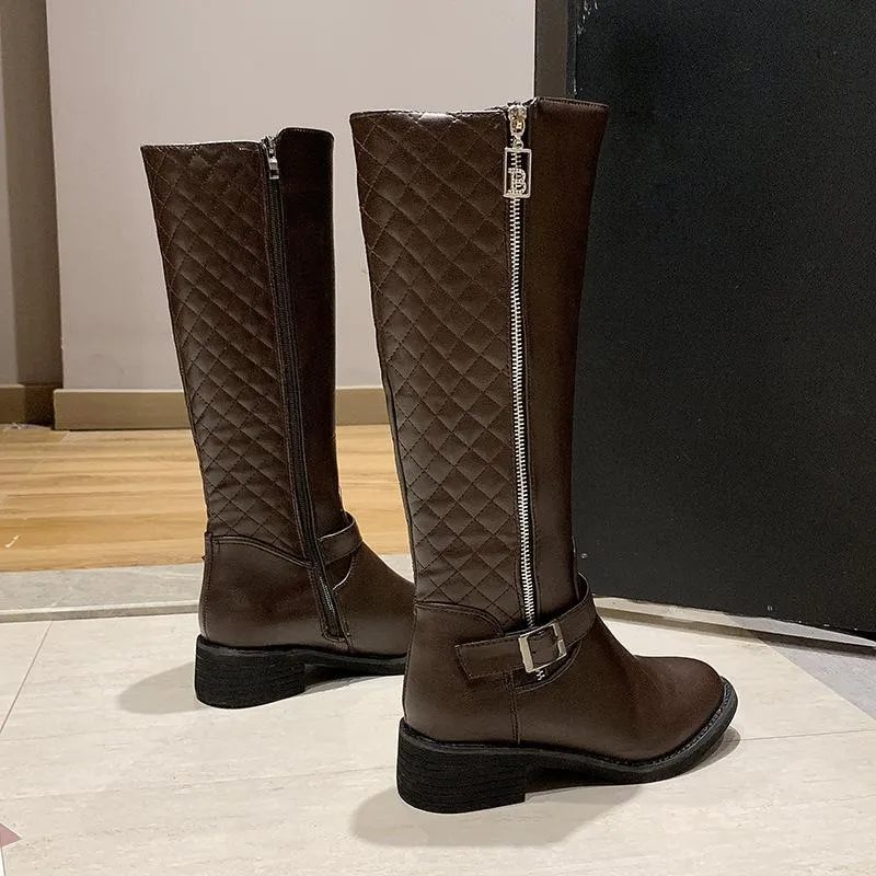 Chicvane New Women's Plaid Side Zipper Closure Round Chunky Buckle Heel Mid Calf Boots