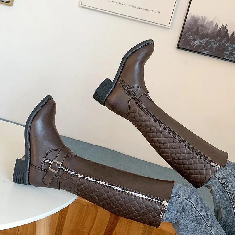 Chicvane New Women's Plaid Side Zipper Closure Round Chunky Buckle Heel Mid Calf Boots