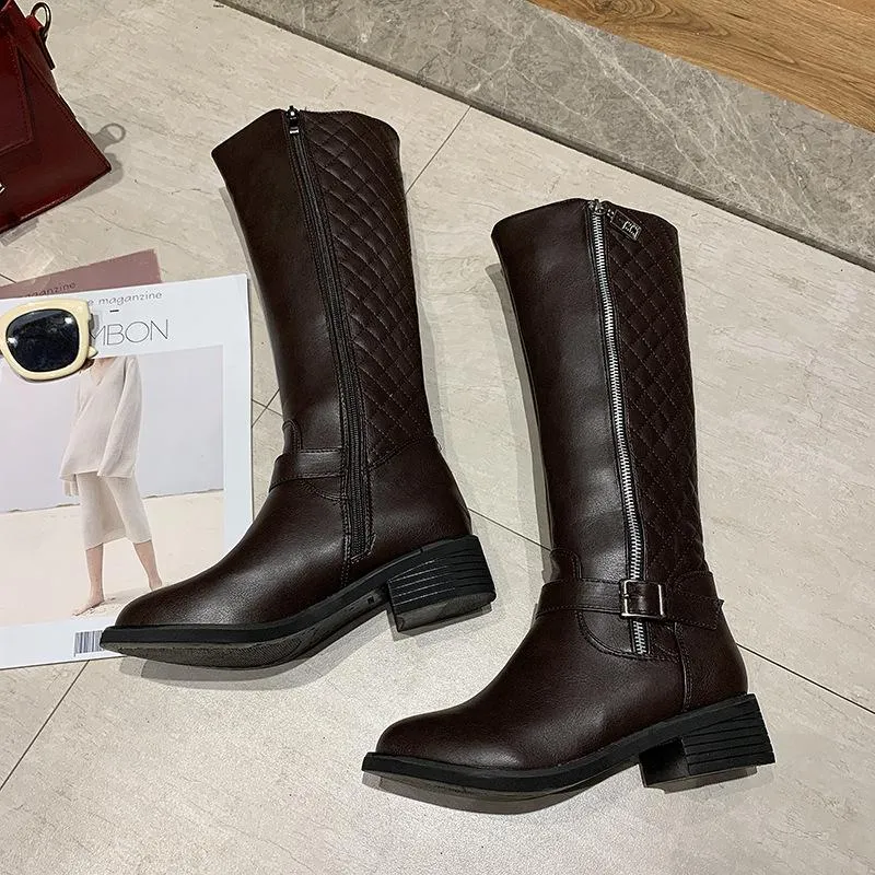 Chicvane New Women's Plaid Side Zipper Closure Round Chunky Buckle Heel Mid Calf Boots