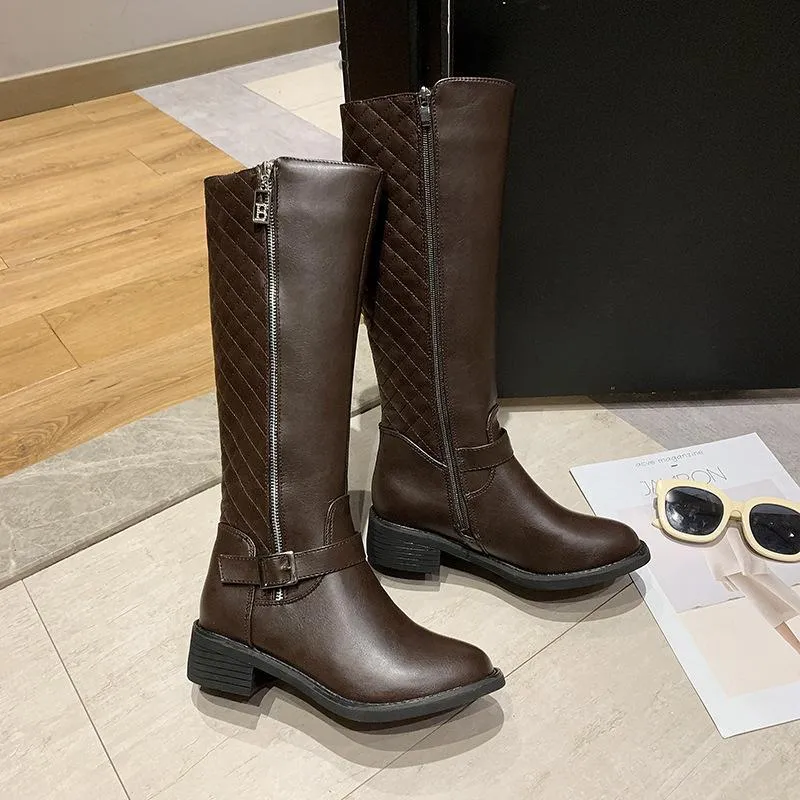 Chicvane New Women's Plaid Side Zipper Closure Round Chunky Buckle Heel Mid Calf Boots