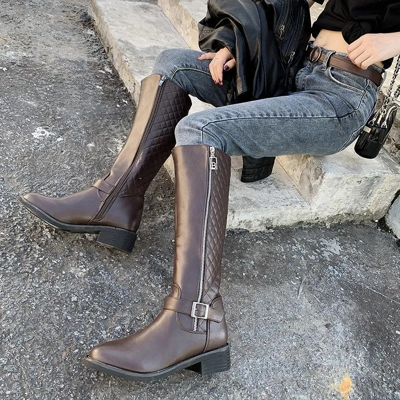 Chicvane New Women's Plaid Side Zipper Closure Round Chunky Buckle Heel Mid Calf Boots