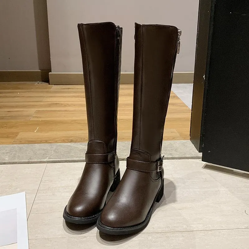 Chicvane New Women's Plaid Side Zipper Closure Round Chunky Buckle Heel Mid Calf Boots