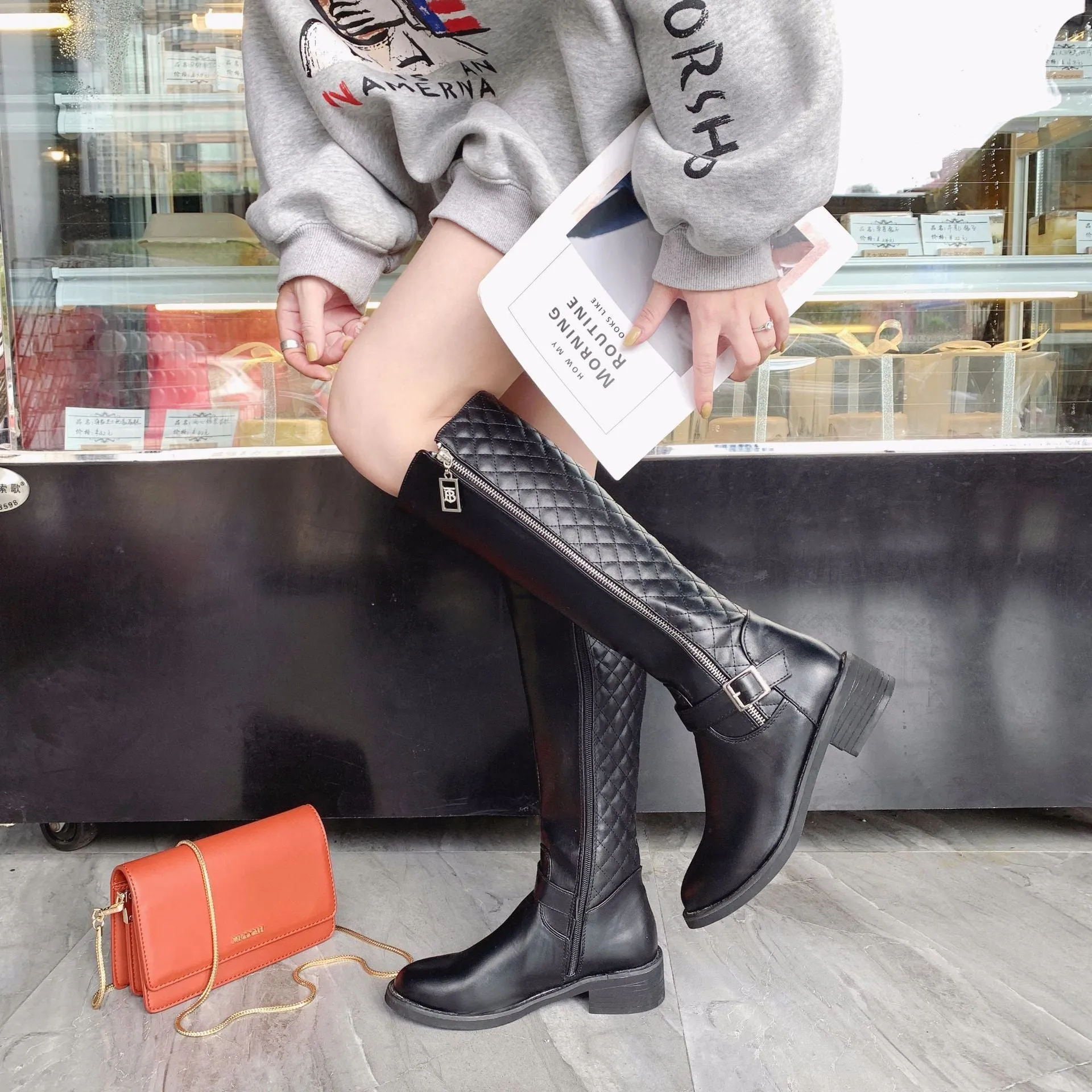 Chicvane New Women's Plaid Side Zipper Closure Round Chunky Buckle Heel Mid Calf Boots