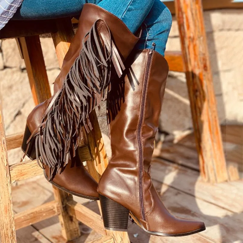 Chicvane Pointed Toe Zipper Knee High Boots with Tassel