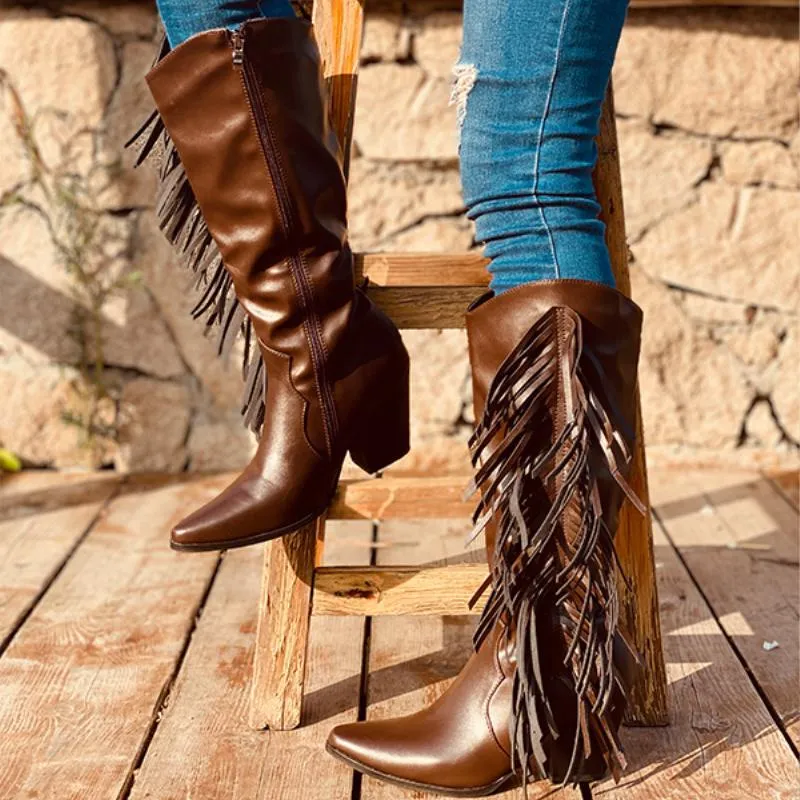 Chicvane Pointed Toe Zipper Knee High Boots with Tassel