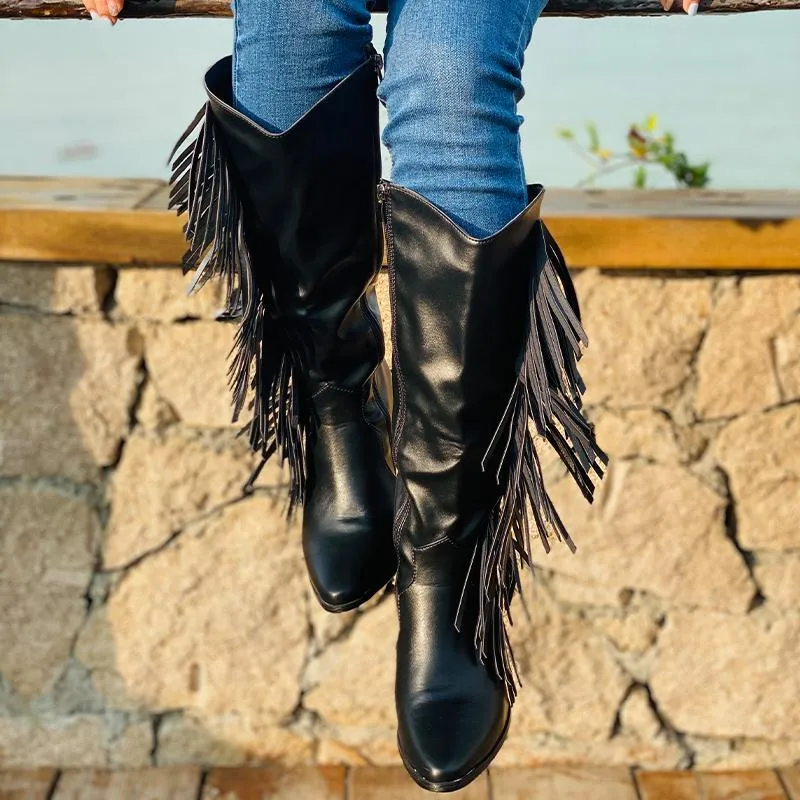 Chicvane Pointed Toe Zipper Knee High Boots with Tassel
