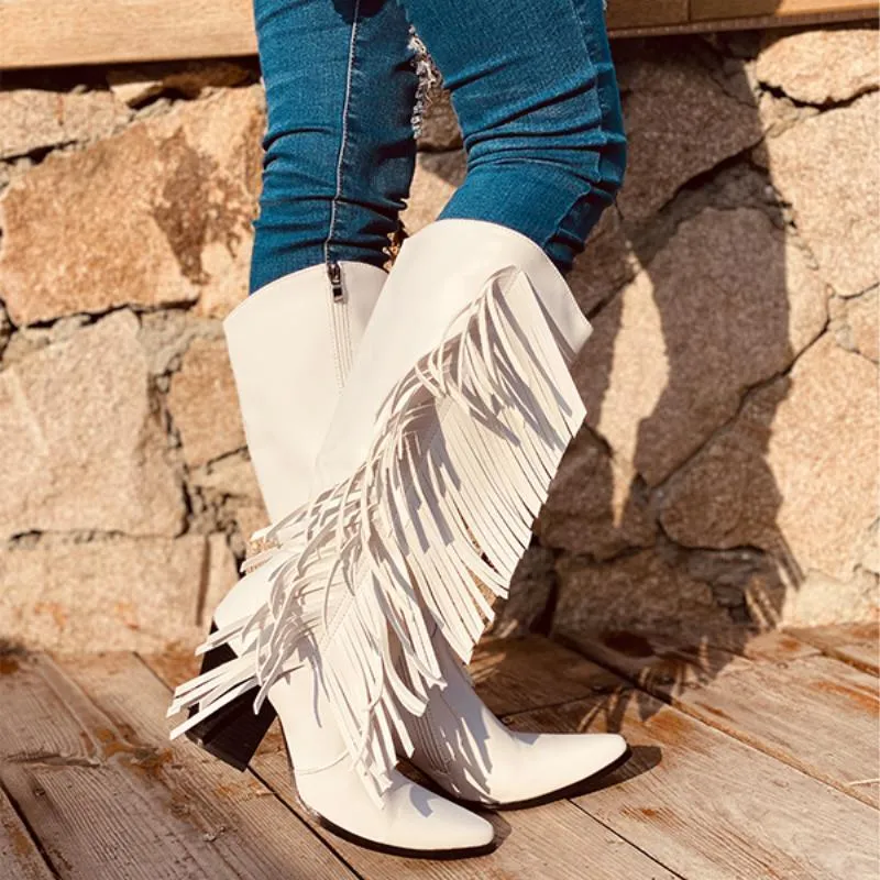 Chicvane Pointed Toe Zipper Knee High Boots with Tassel