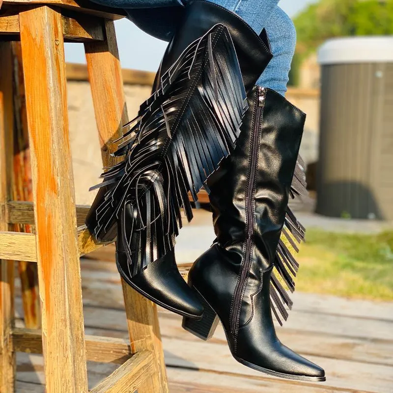 Chicvane Pointed Toe Zipper Knee High Boots with Tassel