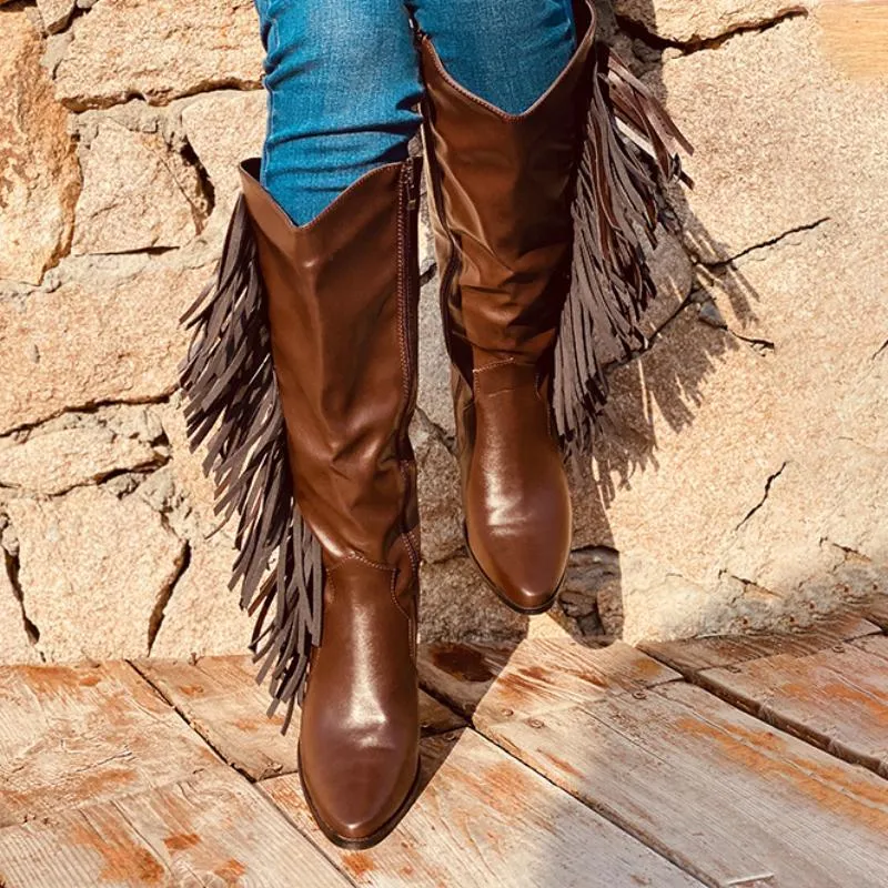 Chicvane Pointed Toe Zipper Knee High Boots with Tassel