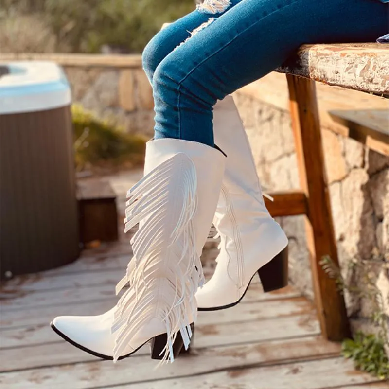 Chicvane Pointed Toe Zipper Knee High Boots with Tassel