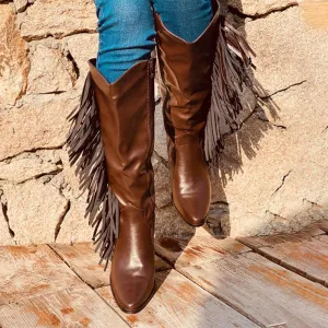 Chicvane Pointed Toe Zipper Knee High Boots with Tassel