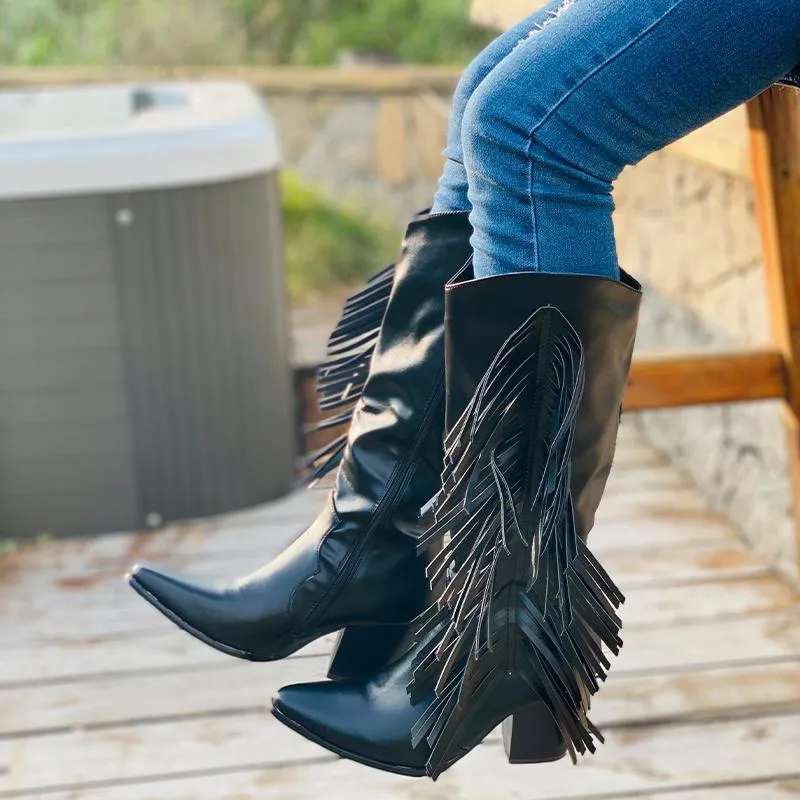 Chicvane Pointed Toe Zipper Knee High Boots with Tassel