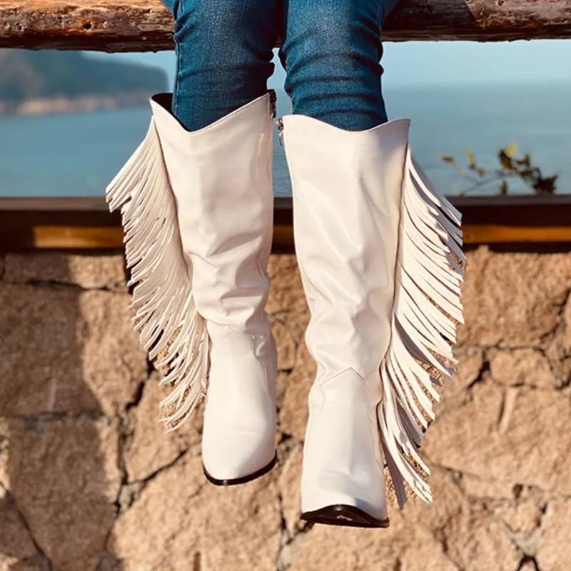 Chicvane Pointed Toe Zipper Knee High Boots with Tassel