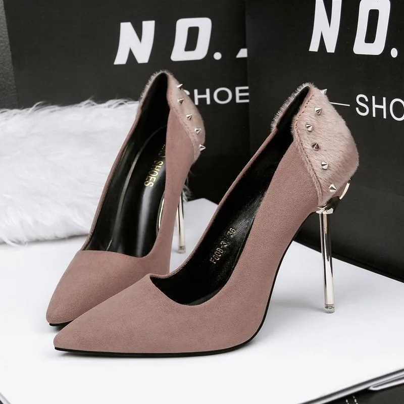 Chicvane Rivet Horsehair Pointed Toe Stiletto Heel Pump Bridal Shoes