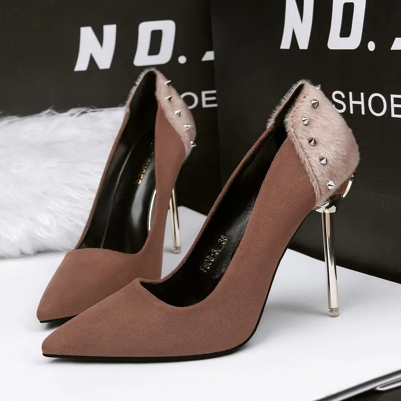 Chicvane Rivet Horsehair Pointed Toe Stiletto Heel Pump Bridal Shoes