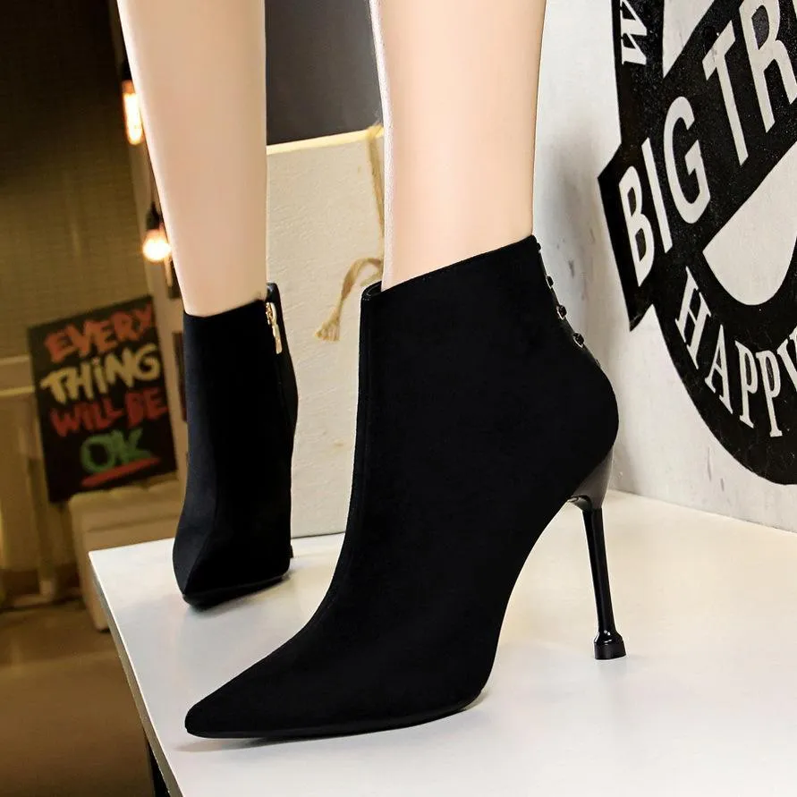 Chicvane Womens Lace Up Suede Pointed Toe Stiletto Heel Ankle Boots
