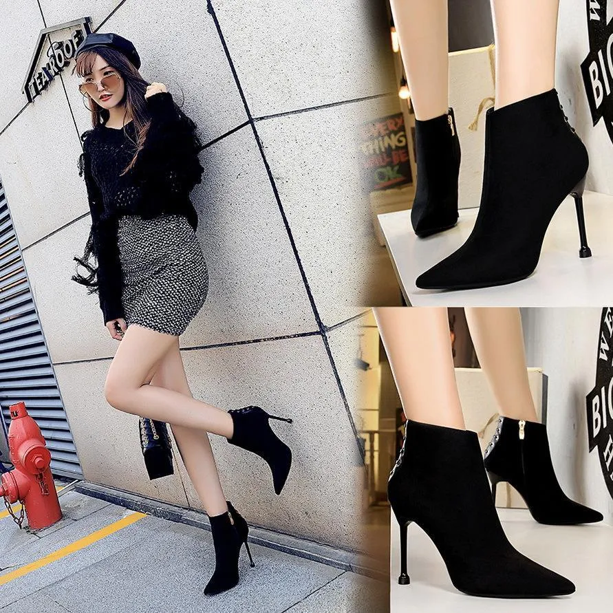Chicvane Womens Lace Up Suede Pointed Toe Stiletto Heel Ankle Boots