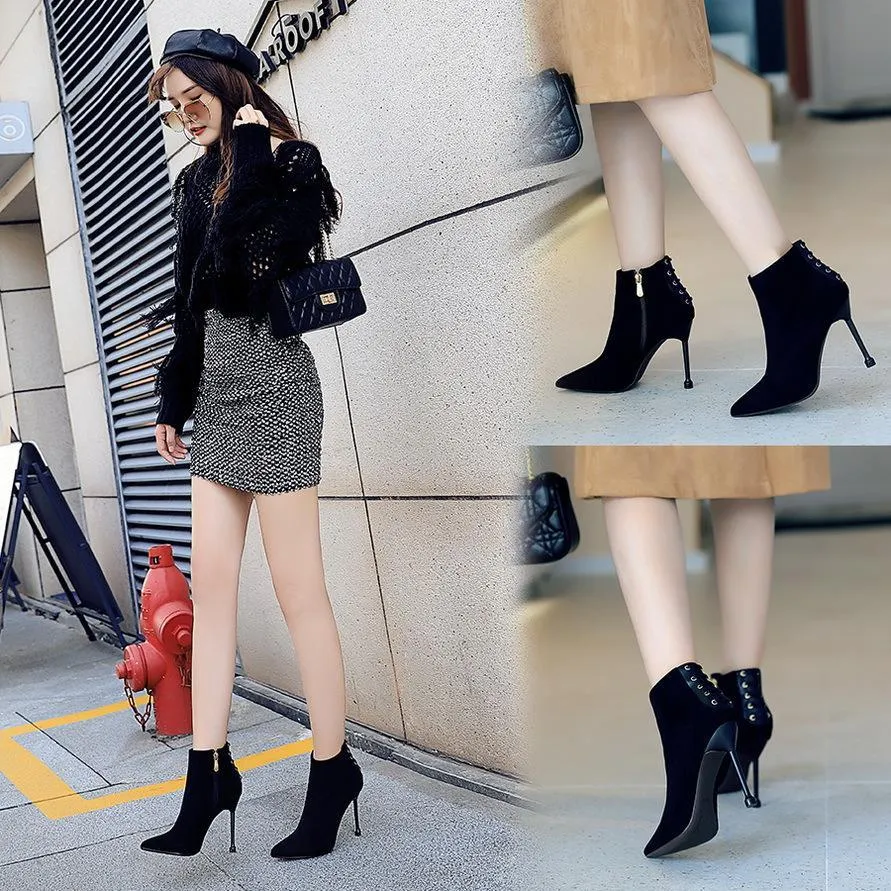 Chicvane Womens Lace Up Suede Pointed Toe Stiletto Heel Ankle Boots