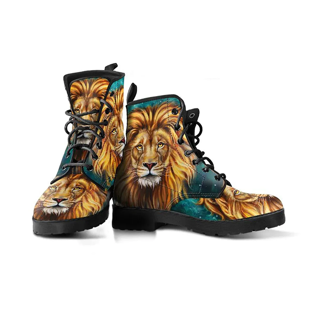 Combat Boots for Women - Lion | Unique Custom Faux Leather Shoes, Cruelty-free Vegan Handmade Lace Up