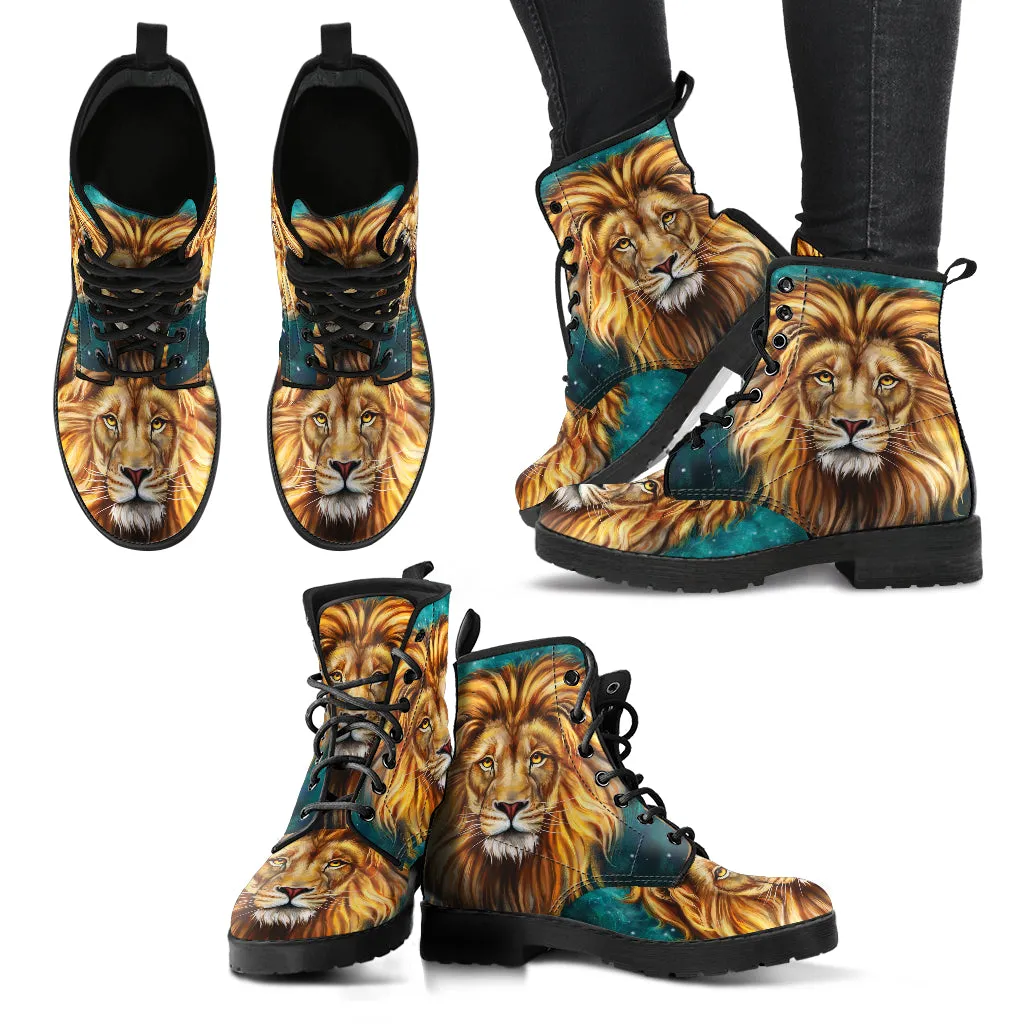 Combat Boots for Women - Lion | Unique Custom Faux Leather Shoes, Cruelty-free Vegan Handmade Lace Up