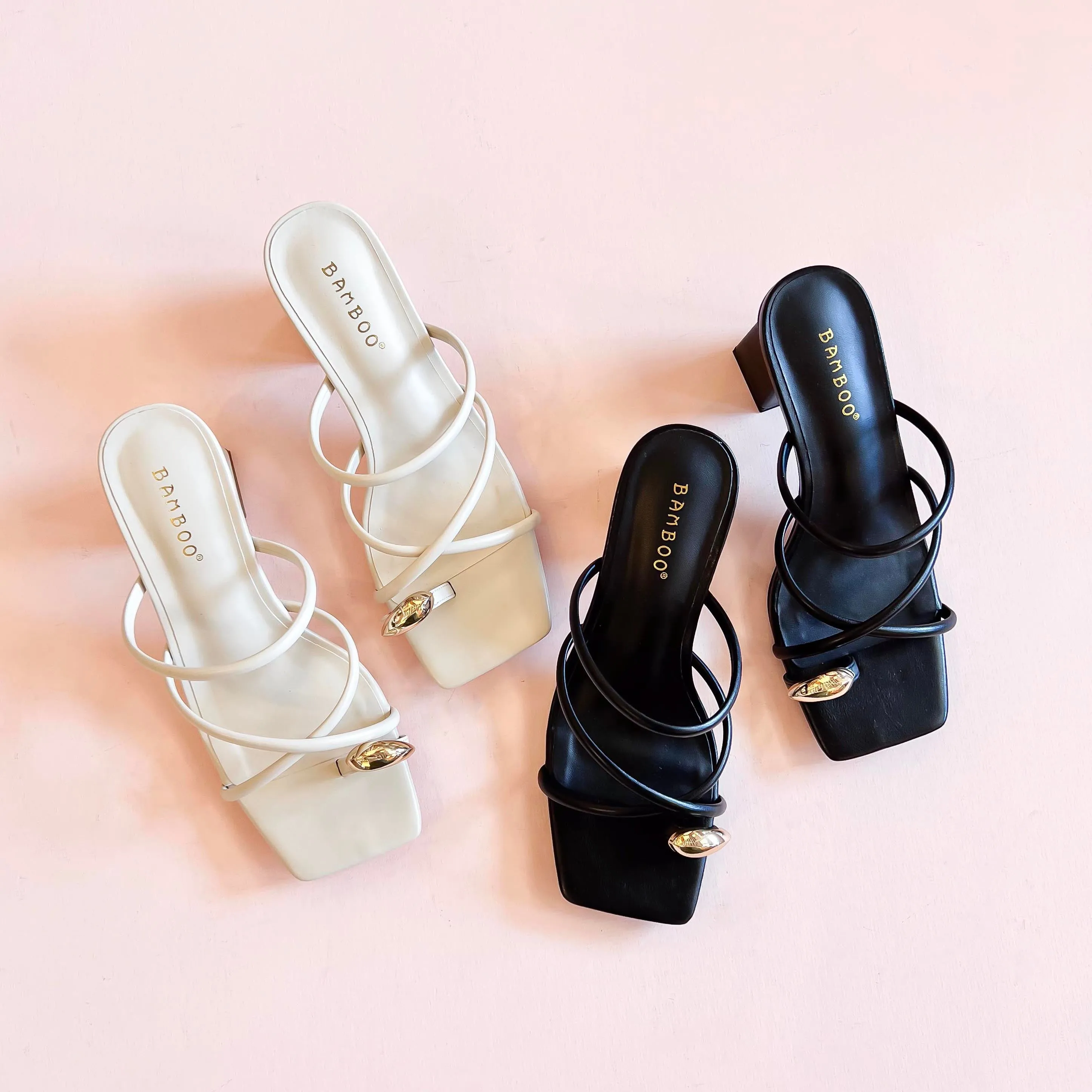 Elegant Black Block Heel Sandals with Toe Ring by Bamboo