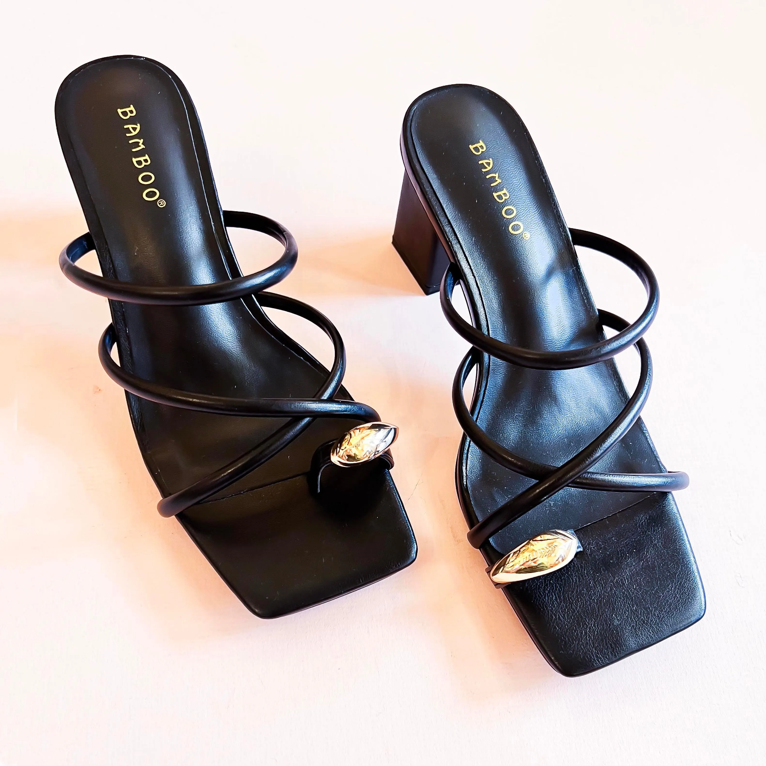 Elegant Black Block Heel Sandals with Toe Ring by Bamboo
