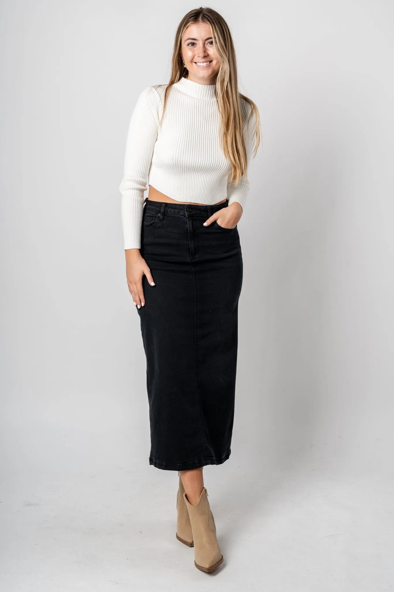 Hidden Peyton denim midi skirt w/ slit black
