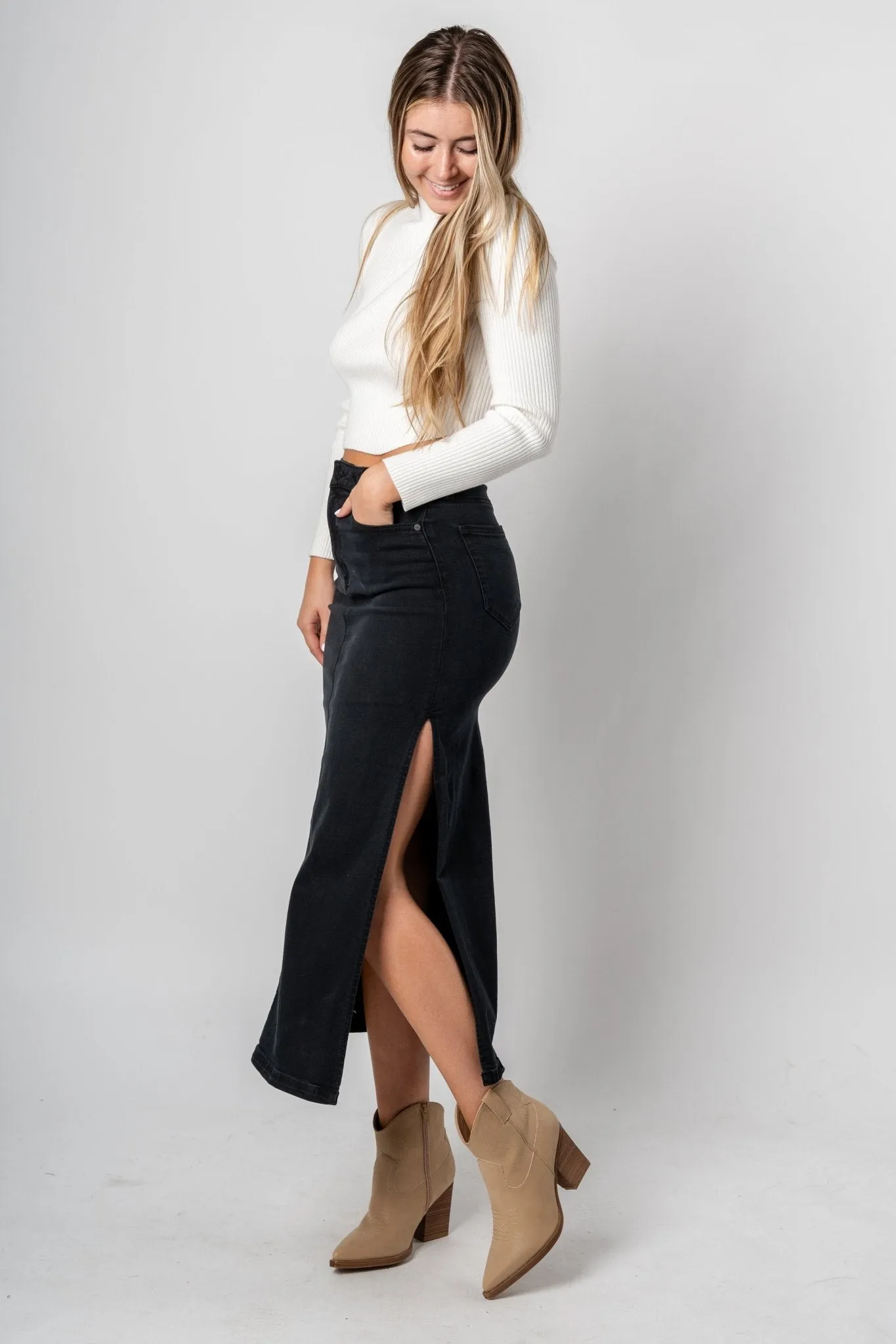 Hidden Peyton denim midi skirt w/ slit black