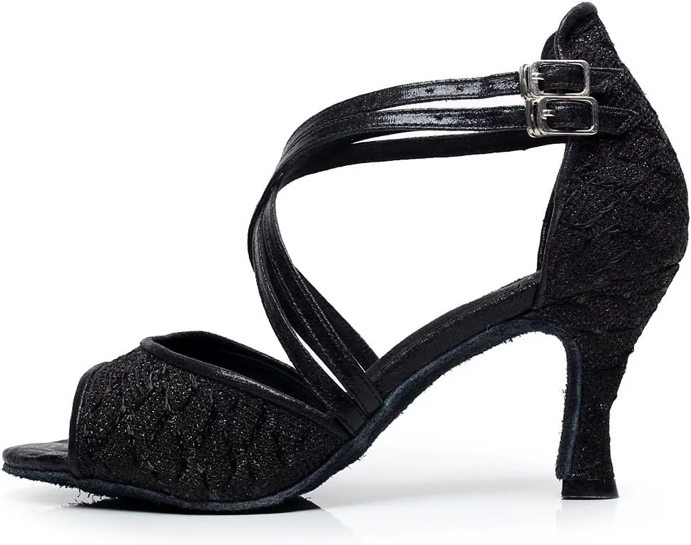 Minishion Women's Style QJ6210 Peep Toe Double Cross Strap Salsa Latin Ballroom Dance Shoes