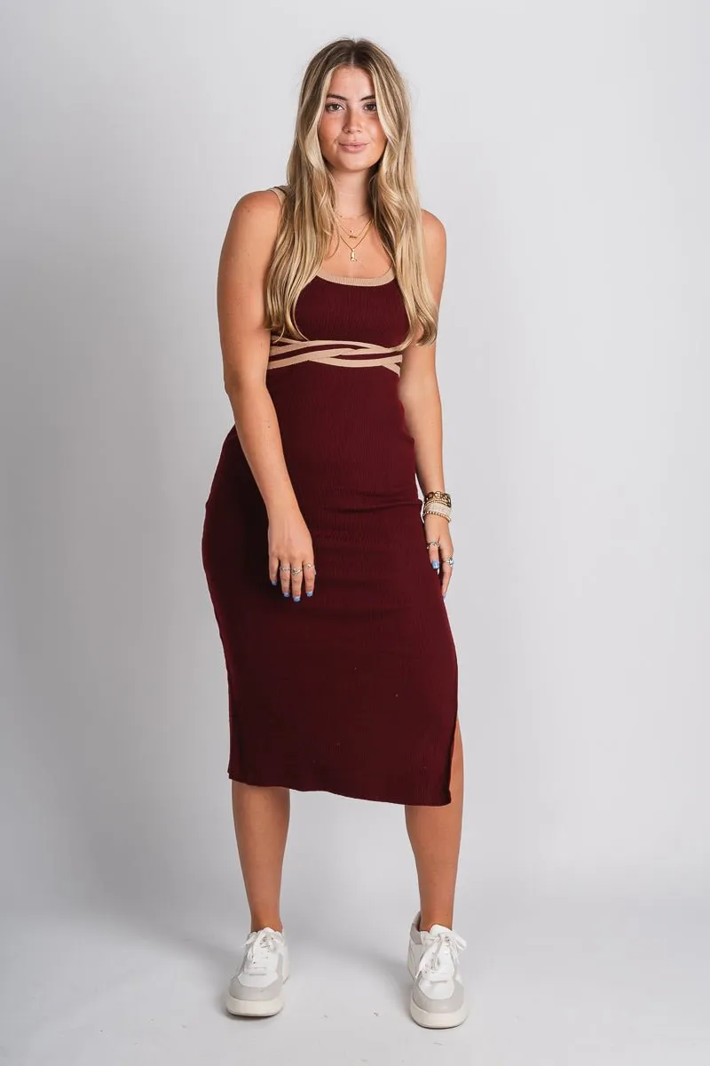 Square neck midi dress wine