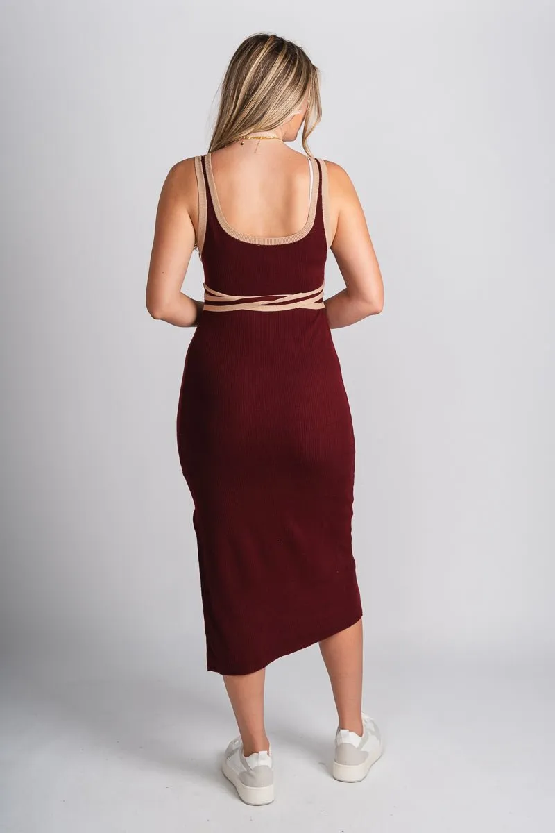 Square neck midi dress wine