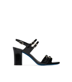 Straped black glossy leather mules