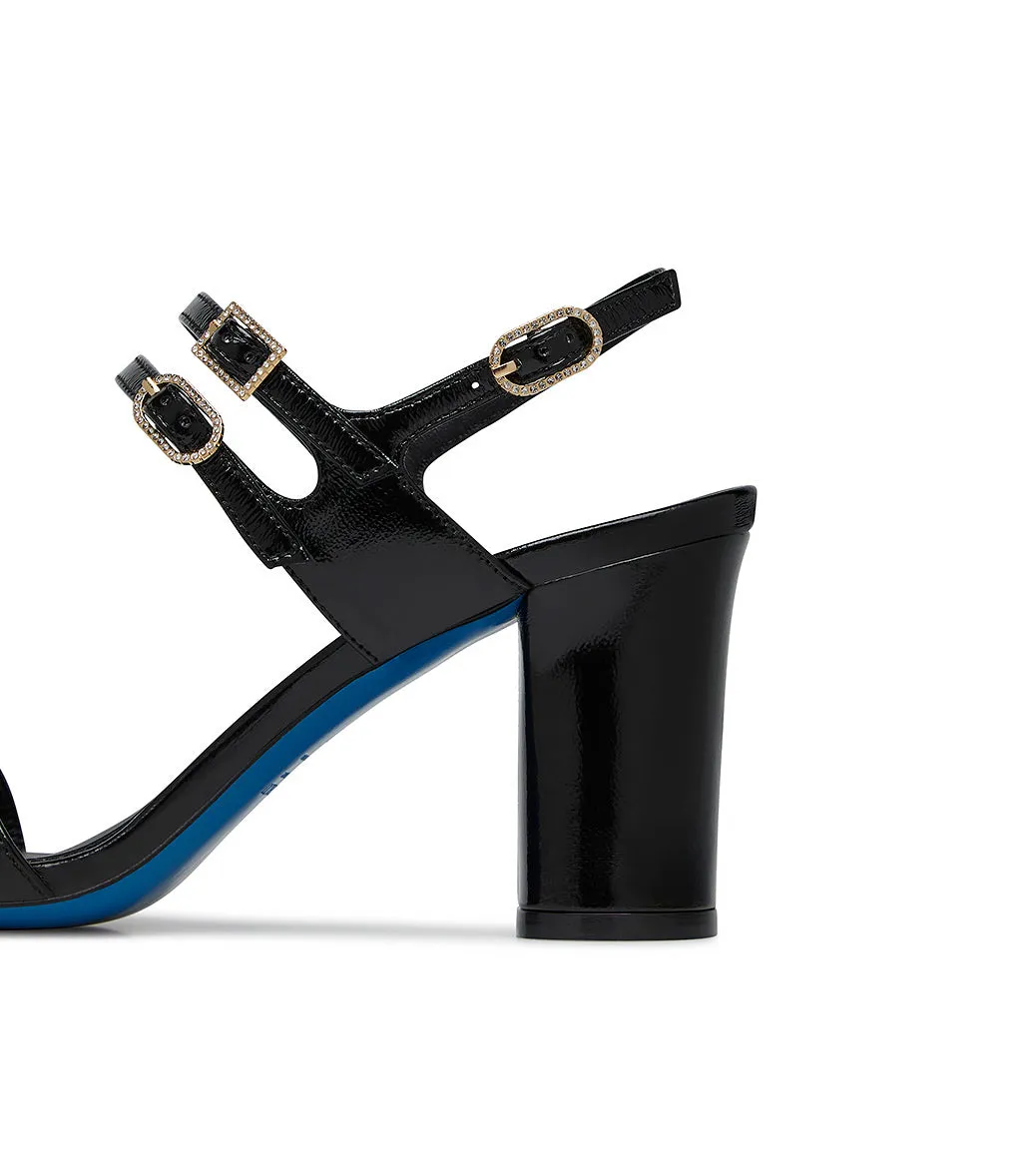 Straped black glossy leather mules