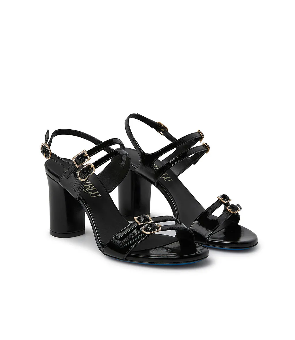 Straped black glossy leather mules