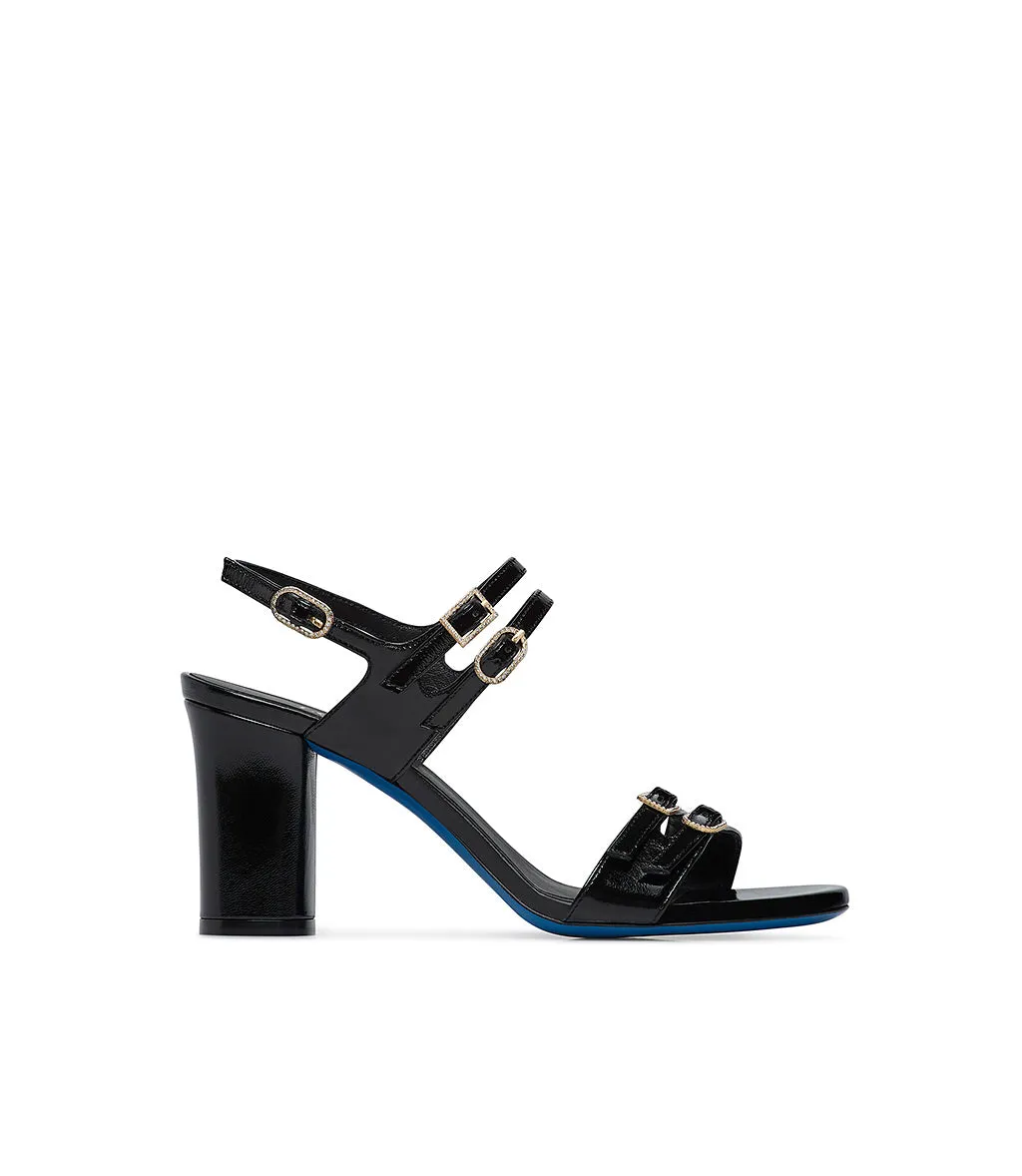 Straped black glossy leather mules